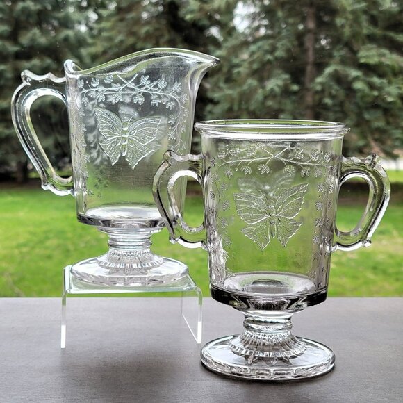 Antique EAPG Footed Creamer & Sugar Set, Bryce Higbee & Co, Butterfly with Spray - Picture 1 of 10